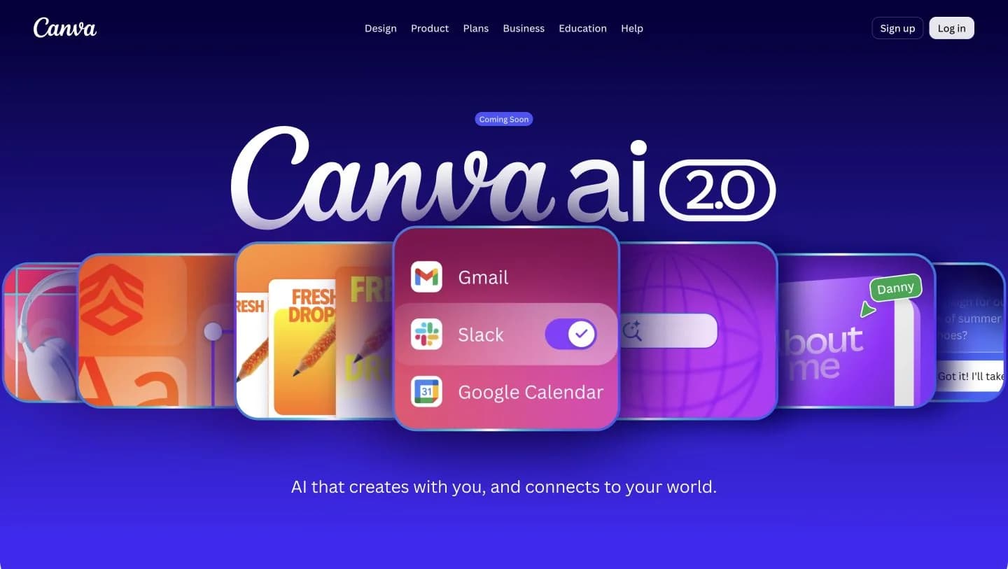 Canva official AI marketing page showing the Canva AI 2.0 announcement with a Coming Soon label.