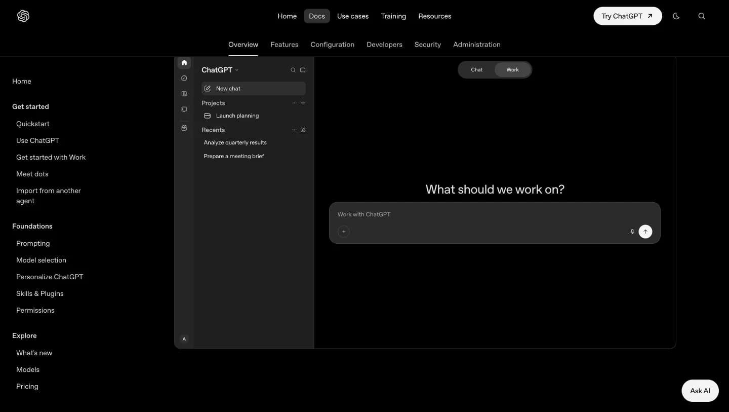 Official ChatGPT Learn illustration of the web interface with Work selected, the task composer, projects and recent chats.