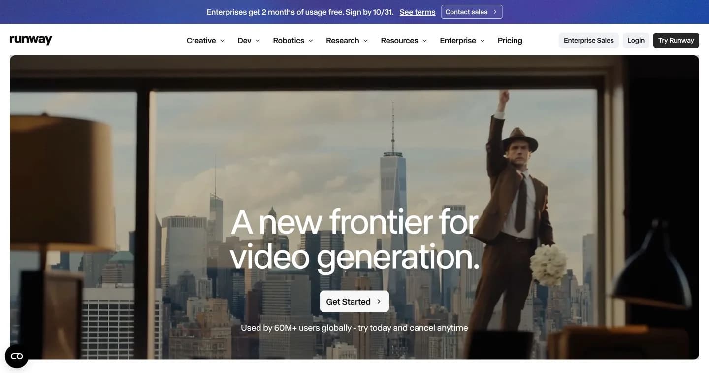 Runway official product page with its video-generation headline over a promotional video scene.
